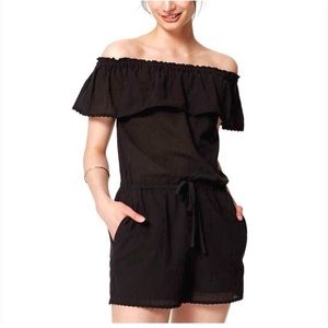 LOFT Black Romper with Off-shoulder ruffle
